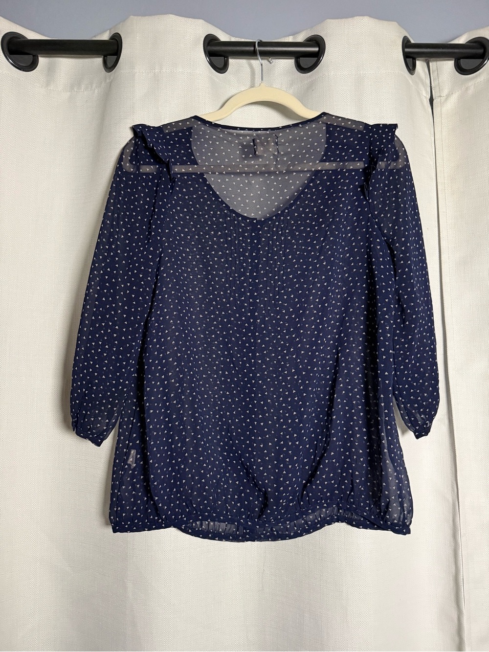 Pins And Needles Navy Blue and White Triangle Print Sheer Blouse Size Medium - Picture 3 of 7